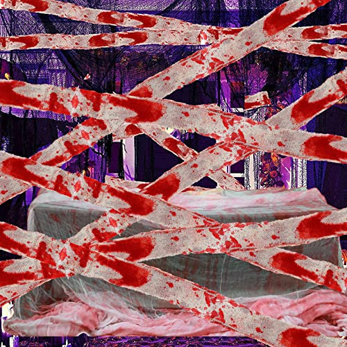 MXJFYY 20M/65.6FT Halloween Dekoration Gruseliges Tuch, Blutige Bandagen Gruseliges Stofftuch Halloween Blutiges Warnband für Spukhaus, Terrasse, Garten
