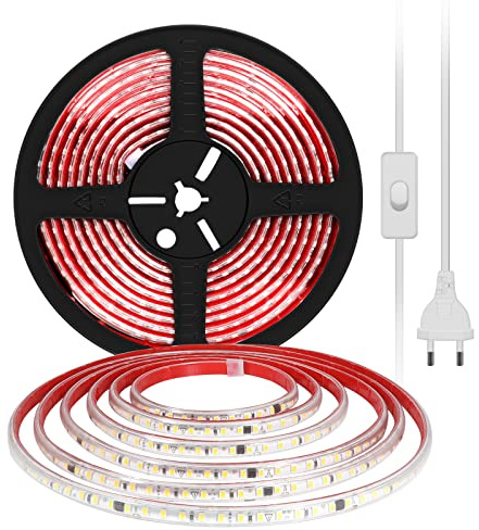 pcning LED Lichtband 230V Direktanschluss ohne Trafo 5M Kaltweiss 6000K, Sehr Hell LED Strip Selbstklebend mit Schalter 5 Meter IP67 Wasserdicht Streifen (Kaltweiß, 5M)