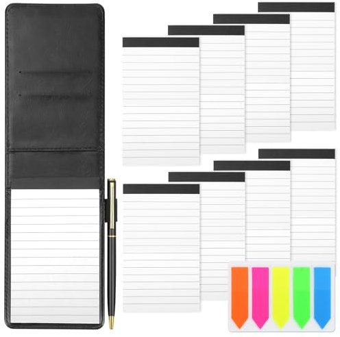11 Mini Blocco Note A7 Set, SHAIDOJIO Nero in Pelle PU Taccuino Tascabile con 50 Fogli a Righe, Block Notes Piccoli con 8 Libri di Ricambio, 1 Penna in Metallo e 100 Tag Indice per Ufficio-13,8*8,5cm