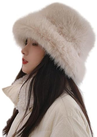 BSYLOO Fuzzy Kunstpelz Diva Bucket Hat für Frauen - Luxuriöse Wintermütze für modische Damen, Beige, Einheitsgröße-XL