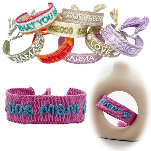 LS-LebenStil Exklusives Statement Armband - das Original - Dog Mom Pink Magenta Türkis 16-20cm Quasten besticktes Boho Canvas Webarmband Damen Freundschaftsarmband Geschenk gewebt textil Stoffarmband