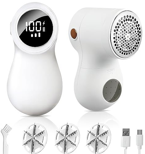 SINZUX Fabric Shaver Lint Bobble Remover for Clothes, Electric Debobbler Lint Fluff Removers Rechargeable De Bobbler Shaver with LED Display, Adjustable 3 Speeds, 6-Leaf Blades, Clean Brush