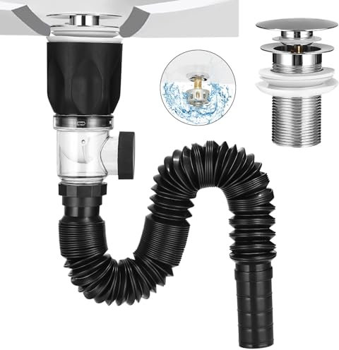 LEAZZLE Kit de Bonde de Lavabo, Siphon Lavabo Avec Pop-Up Bouchon de Vidange de Filtre et Tuyau de Vidange Flexible, Rétractable 300-1000mm, Pour Bain et Cuisine, Résistant Aux Odeurs Et Aux Insectes