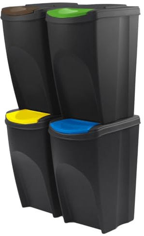 IMJ-Global - Bidoni Differenziata da Interno, Set Cestini Spazzatura Differenziata Impilabili (4x35L) Pattumiera Comoda per Contenere Umido-Vetro-Plastica-Cartone, Kit Raccolta Differenziata Interno