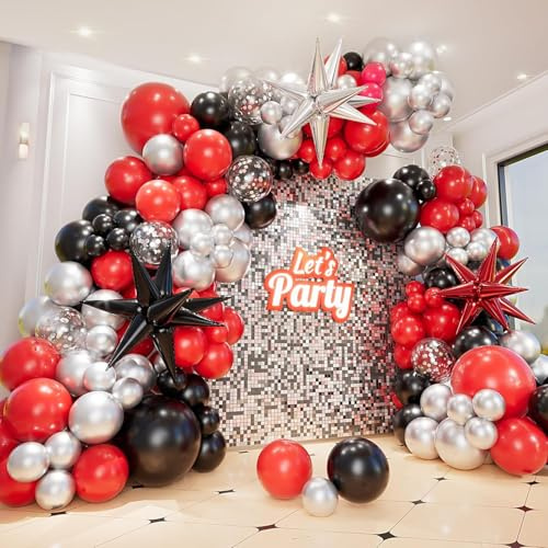 Kit de arco de globos rojo, negro y plateado con globos de estrella de explosión, kit de guirnalda de globos rojos, negros y plateados metálicos para cumpleaños, graduación, aniversarios, decoraciones