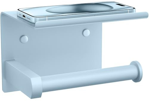 TindbeaPorte Papier Toilette Mural avec Tablette pour Téléphone, Porte-Rouleau de Papier Hygiénique à Fixation Murale Adhésive ou à Vis, Antirouille et Multifonctionnel (Bleu Ciel)
