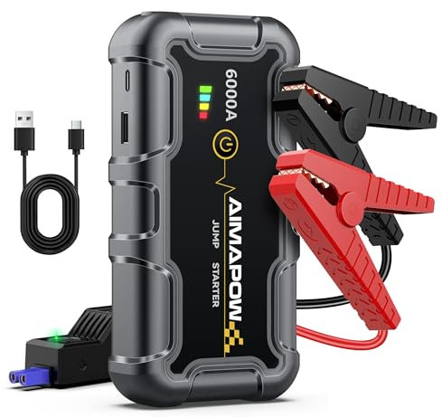 Arrancador de Baterias de Coche, Arrancador de Coches Portatil 6000A, 12V Jump Starter (hasta Todo Gas o Diésel de 10,0L), Clips de Seguridad Inteligentes, LED de 400 Lúmenes, Caja Portátil