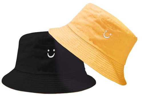 Kinder-Sonnenhut mit Smiley-Motiv, für Mädchen und Jungen, wendbarer Kleinkinderhut, breite Krempe, doppelseitiger Fischerhut, atmungsaktiver Sonnenhut für Kinder von 2–8 Jahren (Gelb/Schwarz)