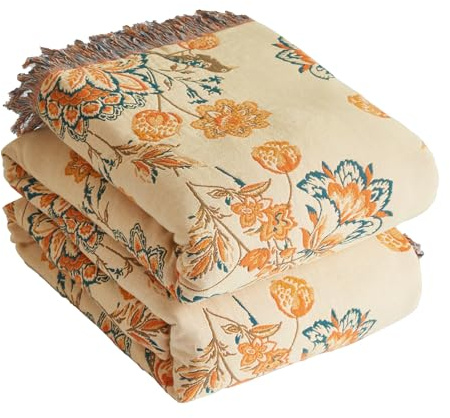 Bailix Premium Boho överkast 100% bomullsfilt med fransar Dubbelsidig mousseline Boho-filt 230x250 cm, mysig sofffilt & sängöverkast