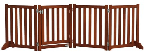 PawHut Barrière de Sécurité Chien Pliable 205 x 60 cm Marron | Barrière Chien Intérieur en Bois, Double Face Autoportante, 4 Panneaux, Porte, Pieds de Support, pour Animaux de Compagnie