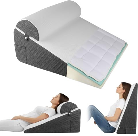 Bed Wedge Pillow, 3 Layers Support Pillow with Soft Cushion, Memory Foam Top, Wedge Pillow Support Cushion for Bed Adult, Incline Triangle Pillow for Sleep Apnea, Acid Reflux, Back Pain Relief