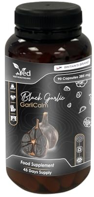 VED GarliCalm, 90 Capsules, Fermented & Odourless Black Garlic Supplement with Motherwort, Iodine & Vitamin E, Non-GMO, Halal, 2 Capsules per Day.