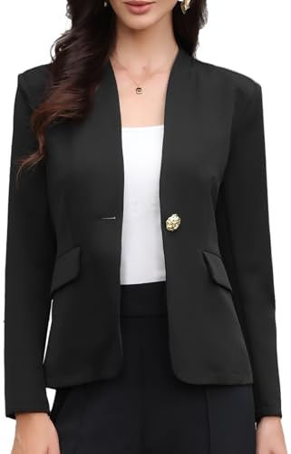 Allegra K Chaqueta para Mujer, Manga Larga sin Cuello, Blazer de 1 Botón con Hombreras, Estilo Casual de Negocios Negro M