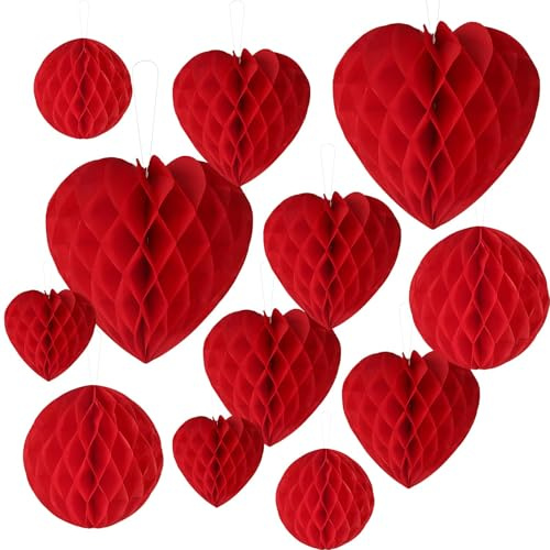 Favritt 12 palline di carta rosse a forma di cuore e rotonde a nido d'ape, decorazioni per San Valentino, matrimoni, anniversari, feste