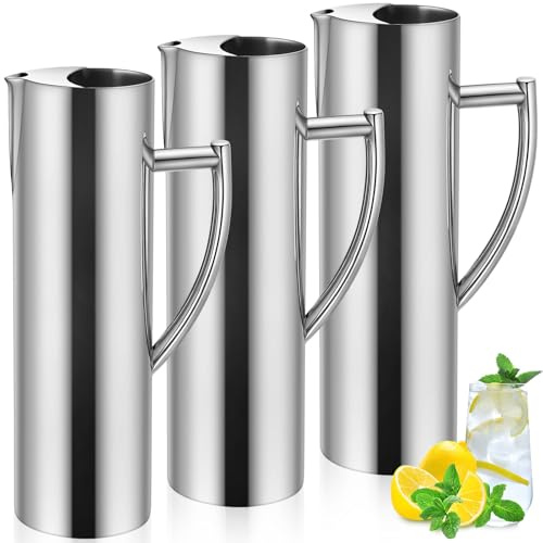 Vesici 3 Pack Stainless Steel Water Pitcher 67oz/2 L Silver Flat Mouth Metal Water Pitcher with Ice Guard and Handle, Modern Polished Metal Iced Hot Drink Carafe Jug for Beer Tea Juice Coffee Milk