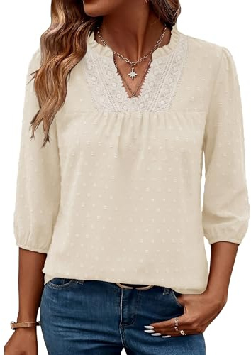 iWoo Womens Lace V Neck Boho Blouse Textured 3/4 Sleeve Summer Casual Top | Swiss Dot Blouse, V-Neck Lace Trim, Elegant 3/4 Puff Sleeves, Loose Tunic Top, Casual Fall Top,Machine Washable for Easy Care
