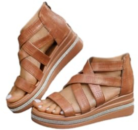 Sandalias de cuero con correa cruzada y diamantes de imitación para mujer, con cremallera trasera, tacón de plataforma, puntera abierta, sandalias de verano para mujer, sandalias de gladiador romanas