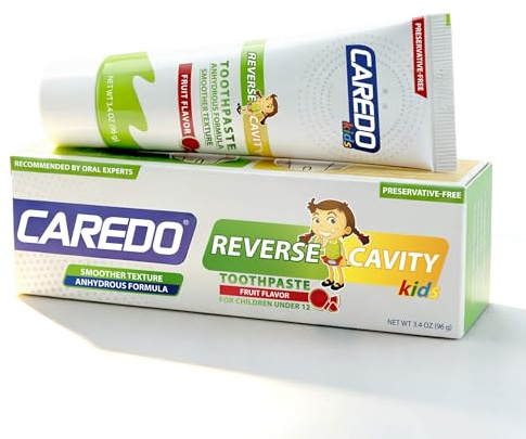 CAREDO Kids Cavity Repair Reversal Toothpaste – Hydroxyapatite Repair for Early Tooth Decay, Braces-Friendly, First Big Kids Remineralizing, Holistic Nighttime Enamel Care, Fluoride-Free Fruity 3.4oz