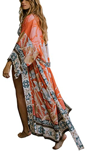 L-Peach Damkaftan av bomull, kaftan, lång klänning, maxi strandklänning, täcka bikini, en storlek