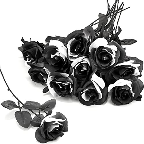 Tuzazo 10 Rosas Artificiales Blancas y Negras con Tallos, Flores de Seda sintética, Ramo de Boda gótico, Flores realistas para el hogar, Oficina, decoración de Hotel