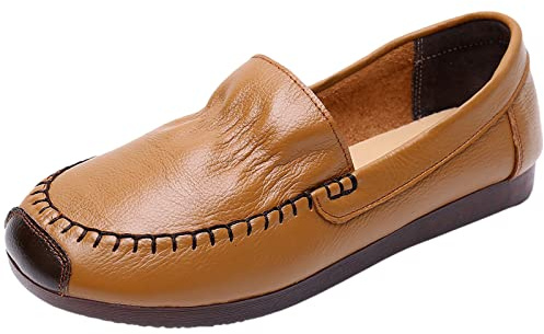 Jamron Mujer Piel Genuina Mocasines Anchos Bailarinas Suela Blanda Ligero Cómodo Zapatos para Caminar sin Cordones Bronceado EU38.5