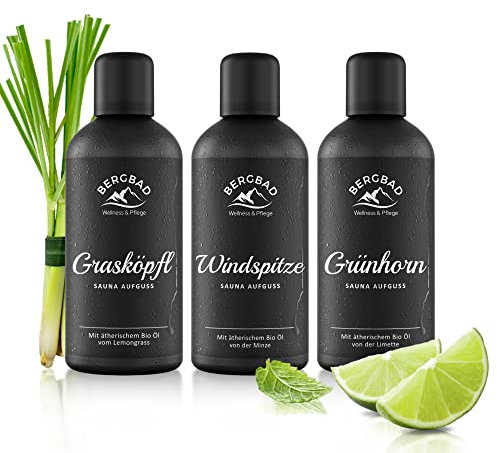 BERGBAD 3 x 100ml BIO Saunaaufguss Set Erfrischung - wohltuendes, erfrischendes Sauna-Aufgussmittel mit Bio-Alkohol, Wasser und 100% naturreinen ätherischen BIO Ölen