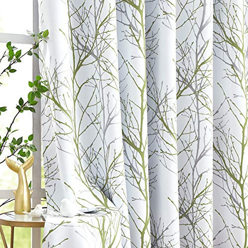 Fmfunctex Sage Green Blackout Curtains for Bedroom 90 Drop Tree Branch Eyelet Curtains for Living Room Thermal Insulated Window Curtain Drapes for Dining Room 2 Panels