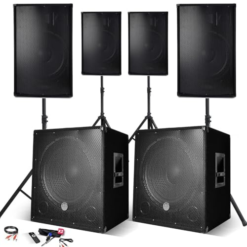 IBM Système Sonorisation Complet 4400W, 4 Enceintes, 2 Subwoofers USB/BLUETOOTH CABLE PC + Pieds, Prestations SONO DJ PA