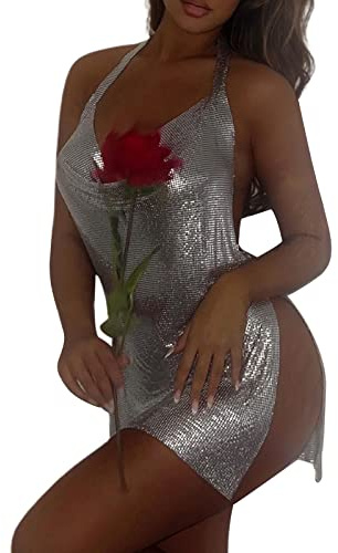 XIXIMAON Mini Robe de Club Sexy Femme à Paillettes Dos Nu et Décolleté Plongeant Robe Courte Fendue Clubwear (D-Argenté, S)