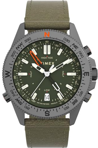 Timex Expedition North Montre pour hommes, 43 mm, bracelet en cuir marron Ecco DriTan™, à ouverture rapide, en deux pièces, cadran vert, boîtier gris acier TW2W84300