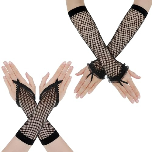 Lusofie 2 Paia Guanti a Rete Senza Dita Lunghi Neri Bordo in Pizzo da Donna Eleganti Guanti Senza Dita Anno 80 Accessori da Donna per Cosplay Costumi di Halloween Cosplay Rock