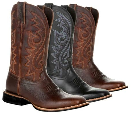 LMUIPMAA Stivali da Cowboy da Uomo Quadrato Testa Ricamo Stivali A metà Polpaccio Antiscivolo Stivali da Equitazione Western,Nero,43 EU