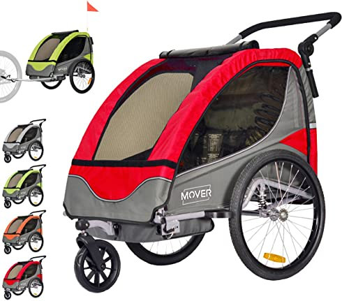 PAPILIOSHOP Mover – 2-in-1 Fahrradanhänger und Kinderwagen für 1-2 Kinder, Klappbar, Mit Federung, Lufträdern und 5-Punkt-Gurt, Ideal für Familienausflüge (rot)