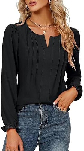 GUCURIN Chemisiers et Blouses Femme Manches Longues Col en V Décontracté Style Tunique Chic et Elegant Vetement,Noir,M