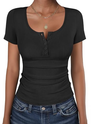 ANRABESS Womens Short Sleeve Henley Shirts Ribbed Slim Fitted Tee Summer Work Tops 2026 Button Blouse Spring Vacation Clothes Black Medium