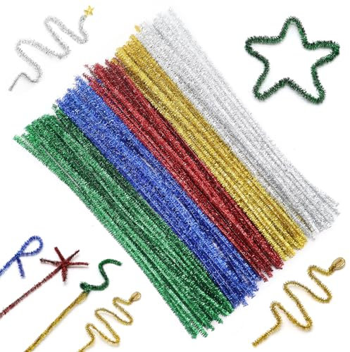 110pcs Glitter Pipe Cleaners for Crafts - 5 Colors Glitter Tinsel 30cm x 6mm, Christmas Pipe Cleaners Multi Colour Pipe Cleaners, Bright Tinsel Cleaners for DIY Craft (Green, Blue, Red, Gold, Silver)
