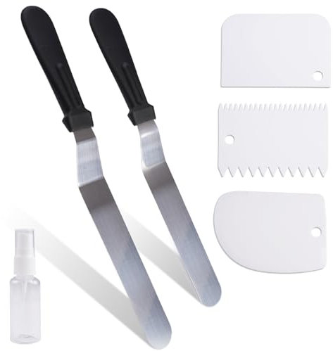 2 Pezzi Angolata Spatola per Dolci in Acciaio Inox con 3 Pezzi Spatola per Glassa in Plastica Alimentare Set Professionale per Decorare Torte, Cupcake e Dolci Ideale per Pasticceri e Home Baker
