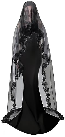 JIAHG Voile d'Halloween noir en dentelle - Voile de mariée fantômes - Accessoire de cheveux - Long tulle - Accessoire de tête - Style gothique - Sorcière - Costume pour mariage, carnaval, cosplay (150