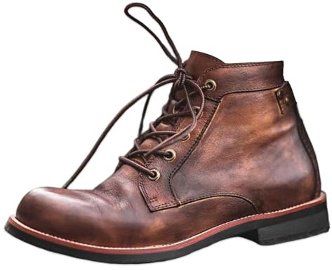 RenDiuJups Bottes Moto Homme - Bottes Biker en Cuir Marron Vintage, Bottes à Lacets Casual, Style Rétro, Cuir Vieilli, Bottes de Motard Résistantes pour Homme(42 EU)