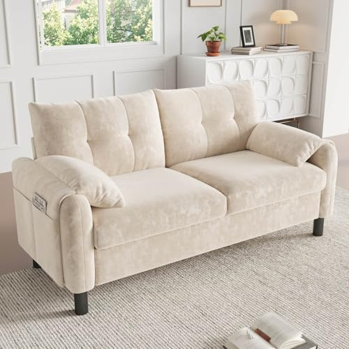 PUGSDRLY Canapé d'angle 2 Places,Petit Canapés Confortable avec Poches Latérales,Rembourrage épais,Design Scandinave,Tissu Chenille,pour Salons,Chambres,Appartements (Beige)
