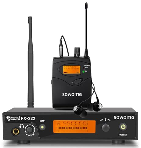 SOWOITIG Wireless in Ear Monitor System, PRO UHF IEM System Mono with Metal Rack Mountable Transmitter, 1 Bodypack Receiver with Earphone, 100 Adjustable Frequencies, 262ft Operation for Singers Bands