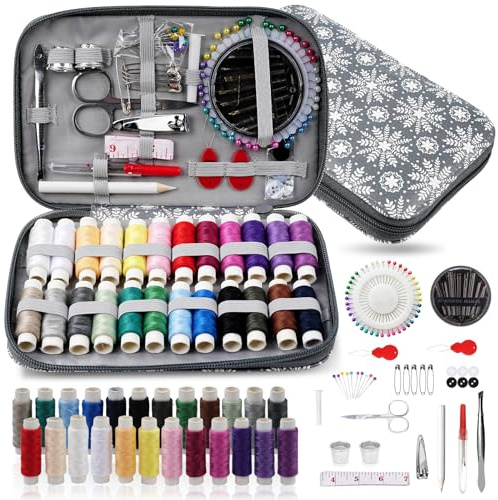 YUMILI Kit de costura con patrón floral, Suministros de costura portátil para el hogar, viajes, juego de accesorios para principiantes, juego de costura con funda de costura con cremallera (Negro)