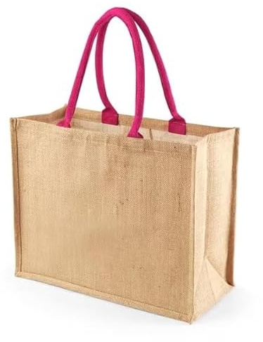 Hyper Mart Classic Large Strong Jute Shopper Bag Natural 100% Hessian with Waterproof Lining (FUCSHIA HANDLES)