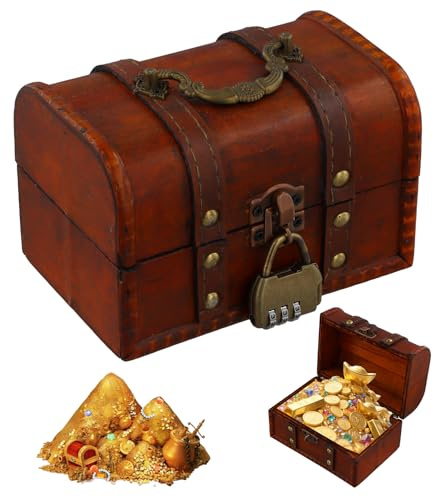 Tinsellns Coffre Trésor Vintage Mini en Bois avec Serrure à Combinaison – Petit Coffre de Pirate – Boîte à Bijoux, Tirelire Idéale pour Conservation et Décoration, 16 * 12 * 9.5cm, Marron
