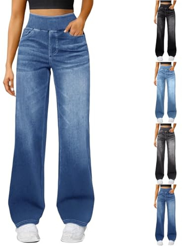 Baggy Jeans Women,Jeans for Women UK Fashion Elasticated High Waist Wide Leg Trousers Slim Fit Ladies Denim Pants Pull On Baggy Stretch Bootcut Jeggings Straight Leg Streetwear Outfits Clothing