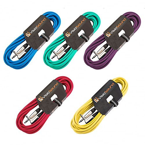 VisioSound 5 x Guitar Lead 6.35mm 1/4 Mono Jack to Angled Jack/Instrument Cable / 5 Pack 6m Multi-Coloured
