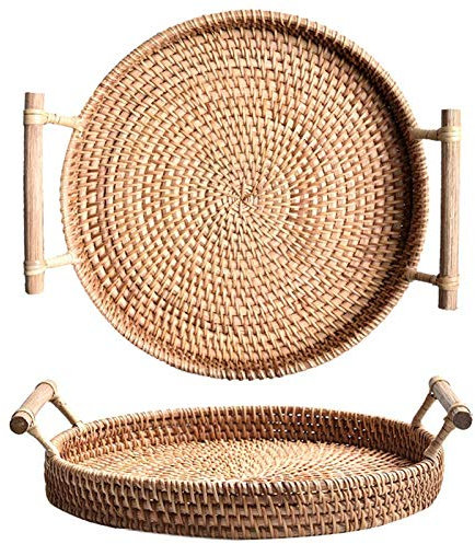 Bandeja Redonda de Ratán con Asas, Decorativas Bandeja de Servicio de Tejida Mimbre para Mesa de Centro, 28 cm