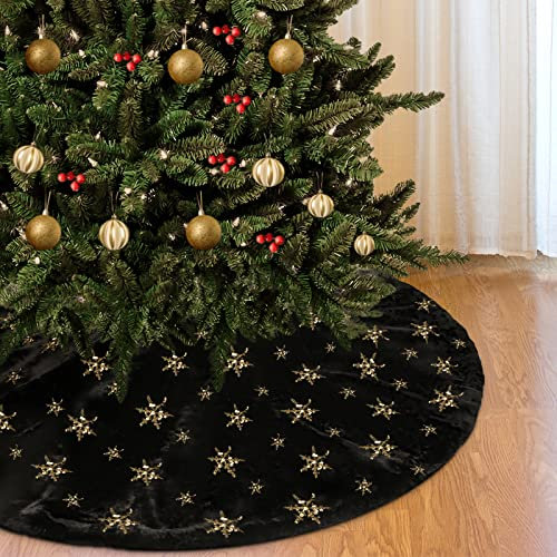 DecroXmas Weihnachtsbaumrock 90 cm Schwarzer Kunstpelz mit Gold Glitzer Schneeflocke Weihnachtsbaum Matte Basis für Silvester Party Dekoration