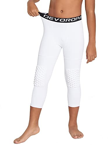 DEVOROPA Youth Boys' Compression Pants with Knee Pads 3/4 Basketball Athletic Tights Quick Dry Sports Workout Leggings White XS