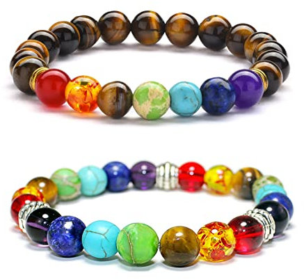 EQLEF Naturstein Armband Damen, 2Pcs Edelstein Armband Elastic Armband Bunte ArmbäNder Damen Und MäDchen
